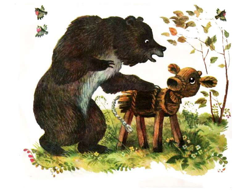 Медведь прилип к бычку, рисунок иллюстрация к сказке