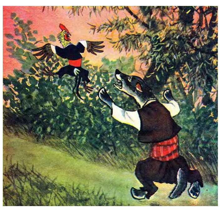 Волк пытается поймать Драного Петушка, рисунок иллюстрация к сказке