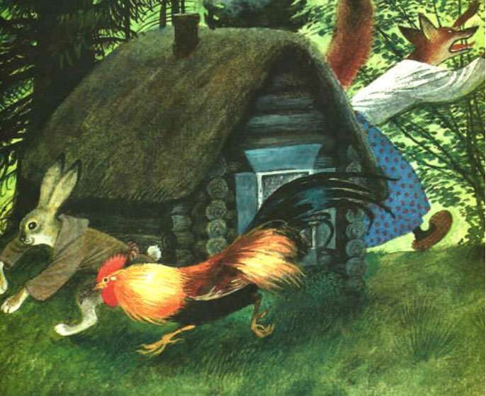 Заяц, петух и лиса убегают из избушки, рисунок иллюстрация к сказке