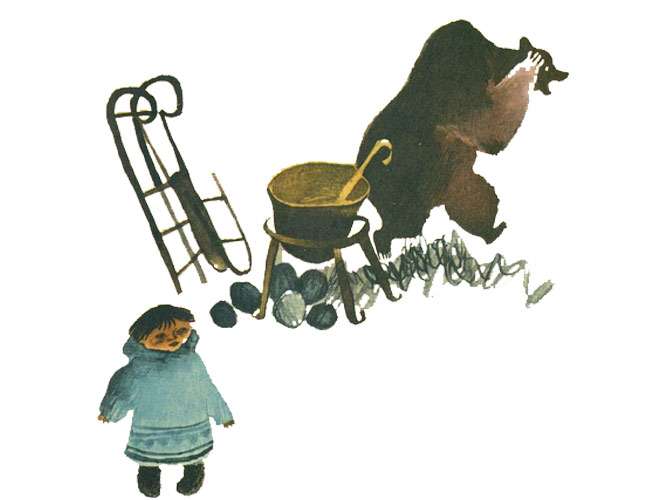 Пристыженный медведь убегает, рисунок иллюстрация к сказке