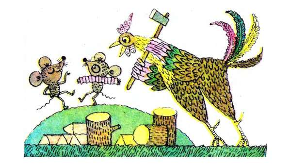 Петушок колет дрова, рисунок иллюстрация к сказке
