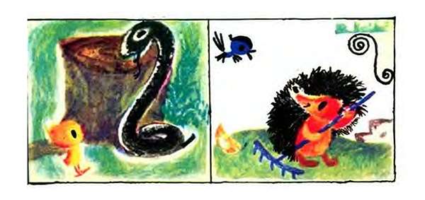 Желтик встретил змею, рисунок иллюстрация к сказке