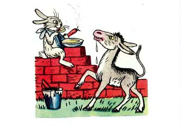 Кролик ест вкусный морковный суп, рисунок иллюстрация к сказке