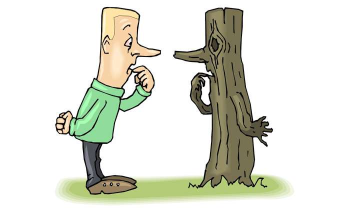 Мужчина и сухое дерево смотрят друг на друга, рисунок картинка