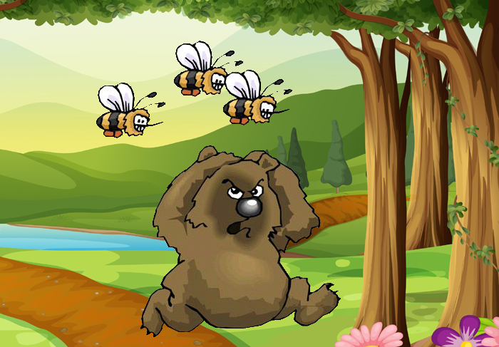 Медведь убегает от разъяренных пчел, рисунок картинка