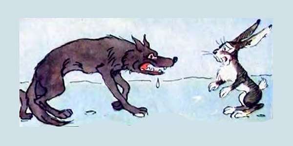 Волк стретил зайца и хочет его съесть, рисунок иллюстрация к сказке