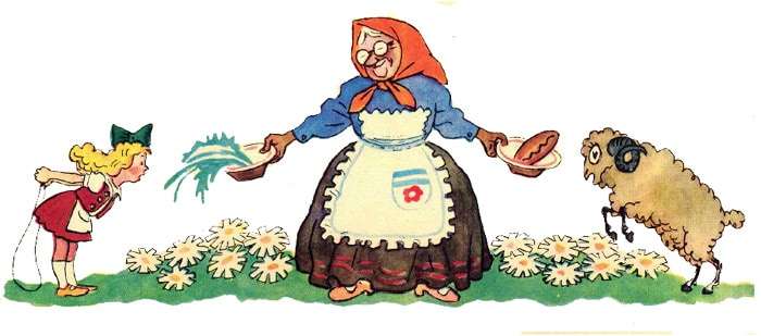 Бабушка кормит Яринку и барашка, рисунок иллюстрация