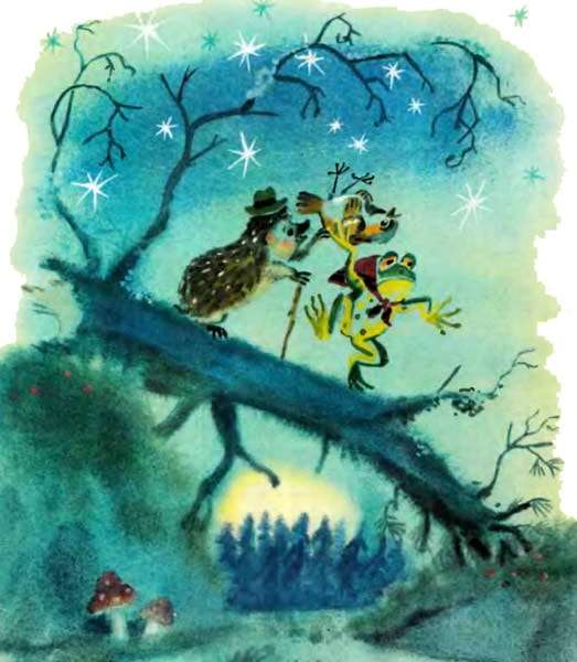 Еж и лягушка несут воробья к доктору Айболиту, рисунок иллюстрация к сказке