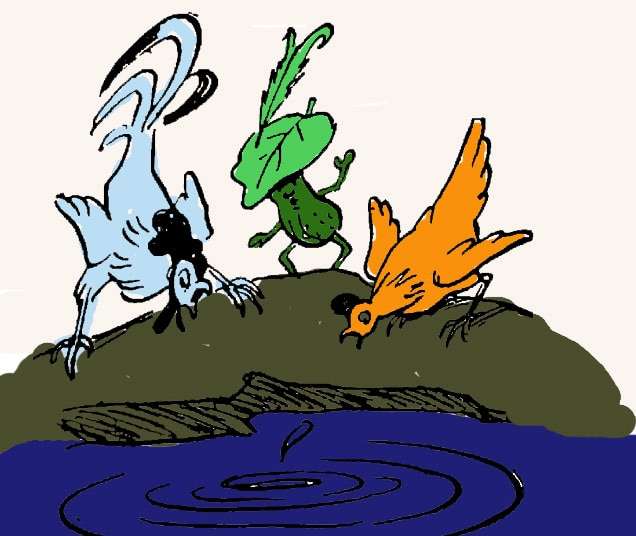 Курица и петух на берегу озера, рисунок иллюстрация