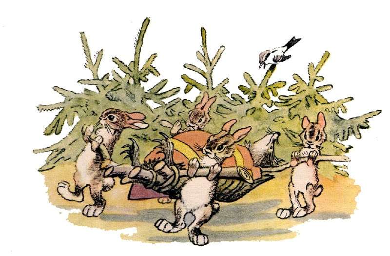 Зайчата несут больную ежиху, иллюстрация рисунок к сказке