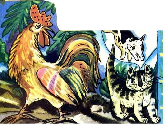 Кот и Петух разговаривают, иллюстрация картинка к сказке