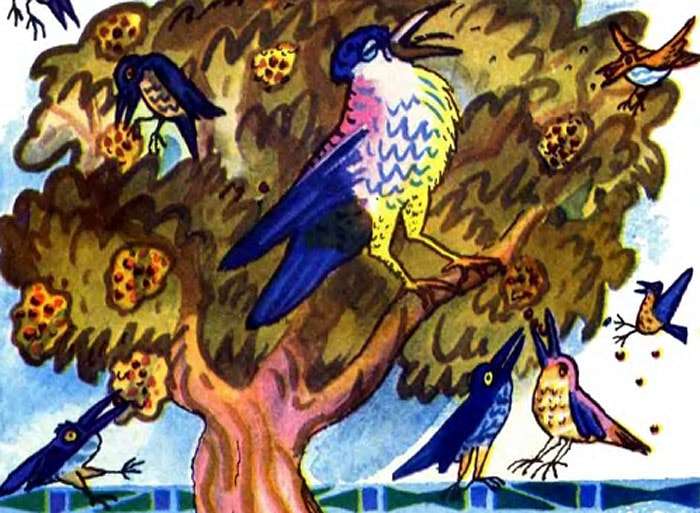 Птица кричит на дереве с плодами, рисунок иллюстрация к сказке