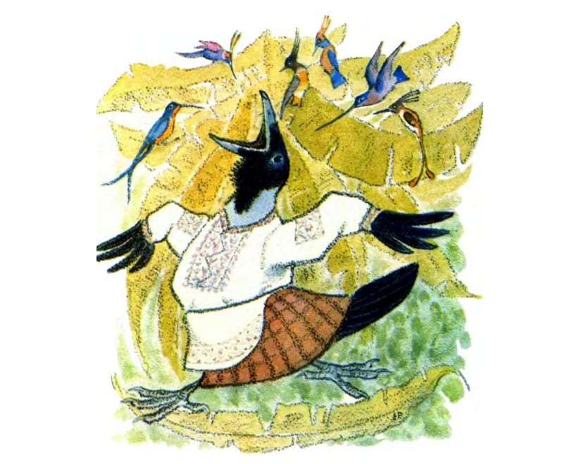 Ворона поет перед птицами, рисунок иллюстрация к сказке