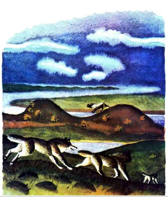 волки бегут за оленем, рисунок иллюстрация