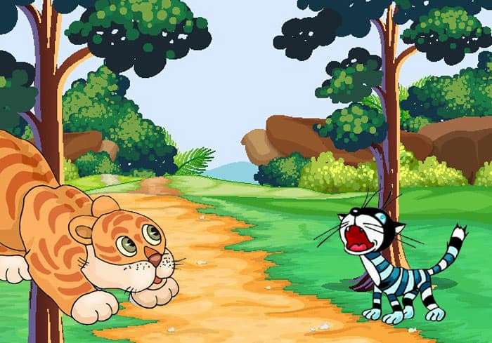 Мышонок в облике тигра снова испугался кота, рисунок иллюстрация