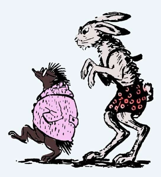 Еж идет с зайцем, рисунок иллюстрация