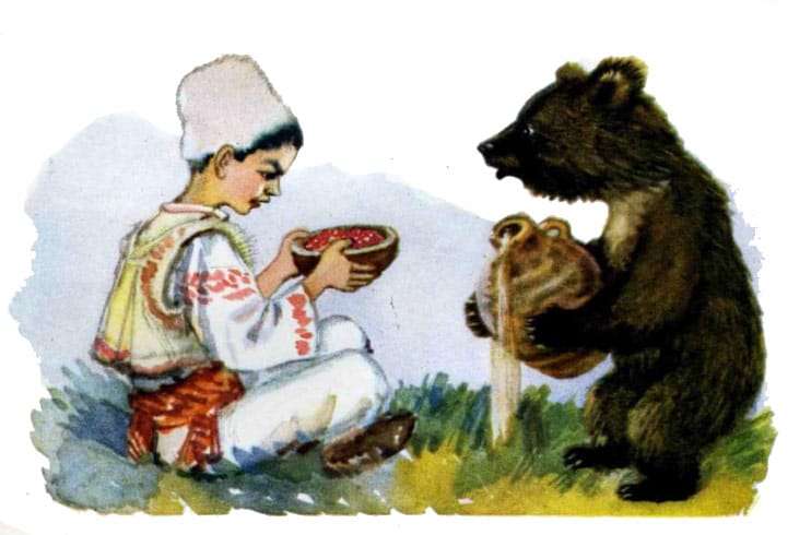 Мальчик рассказывает сказки медвежонку, рисунок иллюстрация