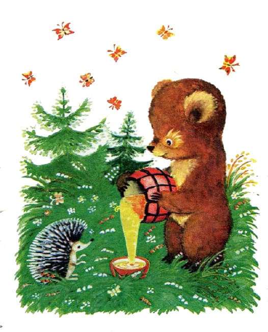 Медвежонок делится маслом с ежиком, иллюстрация рисунок