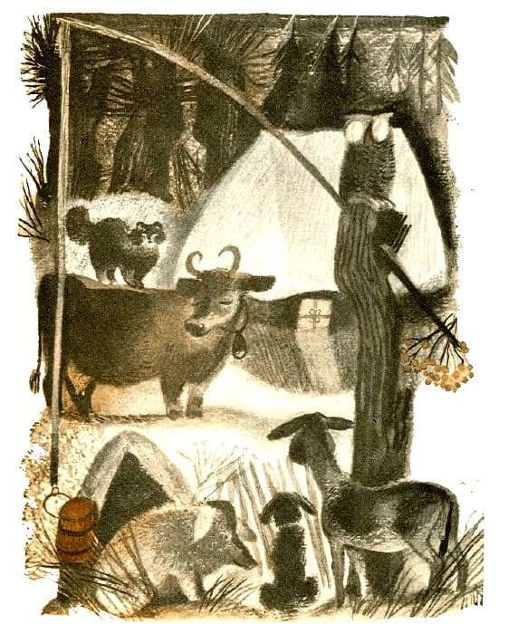 Животные у дома зайцев, рисунок иллюстрация