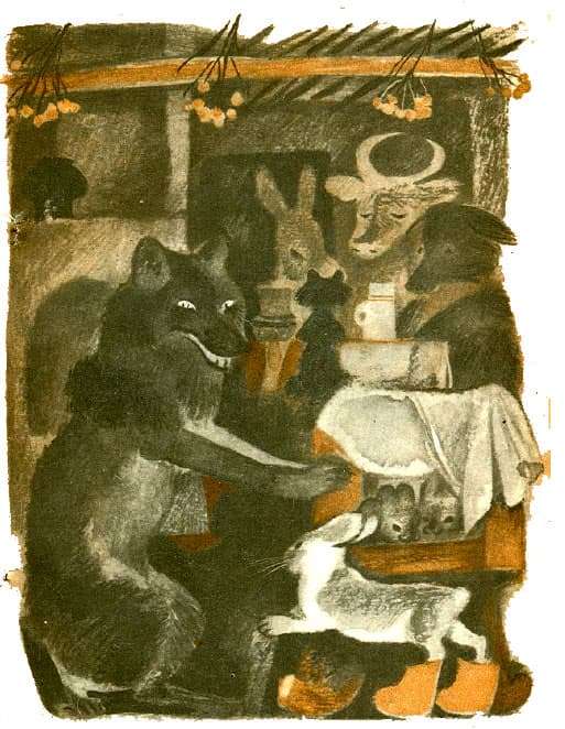 Волк в гостях у зайцев, рисунок иллюстрация