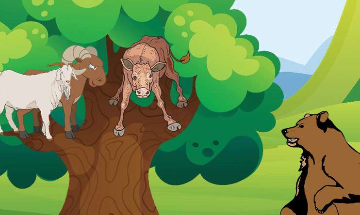 Теленок, коза и баран забрались на дерево, рисунок иллюстрация