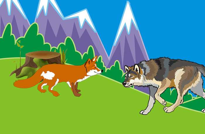 Волк просит лиса научить его шить чарыхи, рисунок иллюстрация