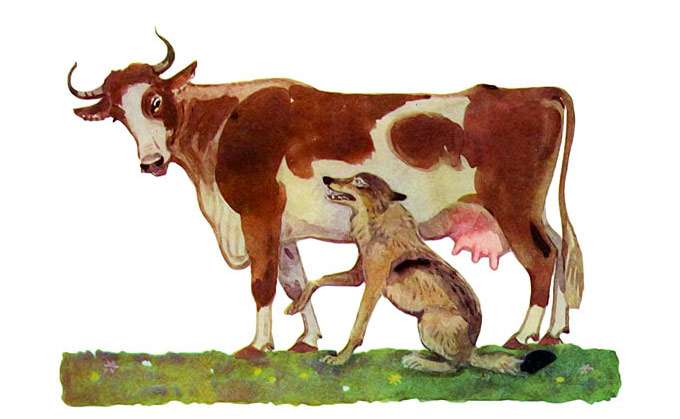 Мужик просит корову рассудить его с волком, рисунок иллюстрация