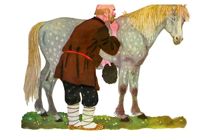 Мужик просит лошадь рассудить их с волком, рисунок иллюстрация