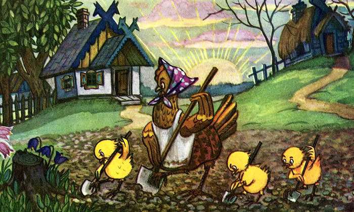 Курочка с цыплятами работают в поле, рисунок иллюстрация