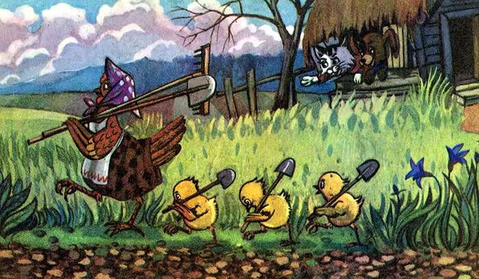 Курочка с цыплятами уставшие возвращаются с поля, рисунок иллюстрация
