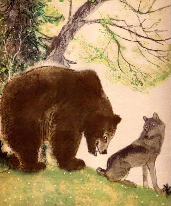 Волк рассказывает медведю о зиме, рисунок иллюстрация