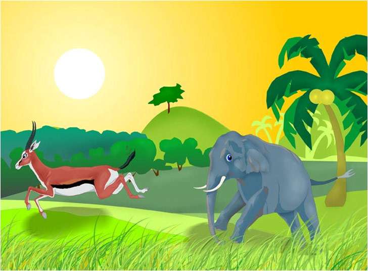 Слоненок бежит за газелью, рисунок иллюстрация