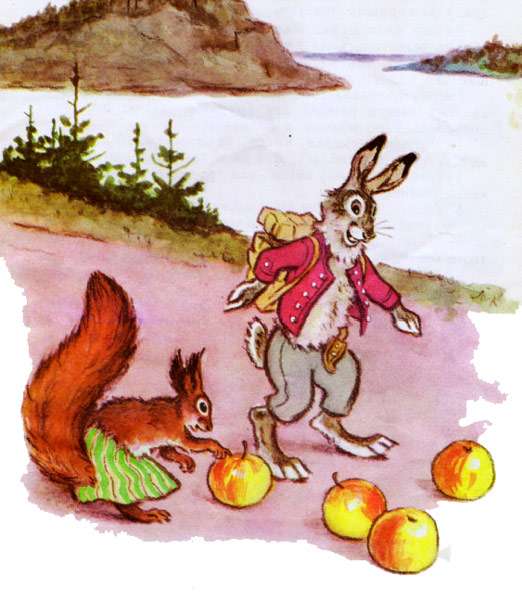 Заяц и белка нашли яблоки, рисунок иллюстрация
