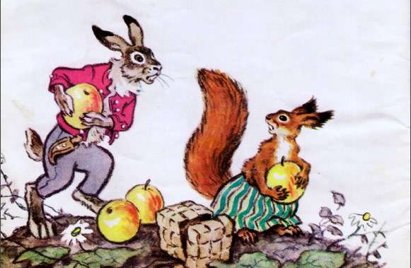 Заяц и белка сорятся из-за яблок, рисунок иллюстрация