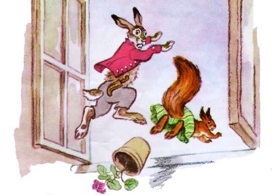 Заяц и белка убегают из школы, рисунок иллюстрация