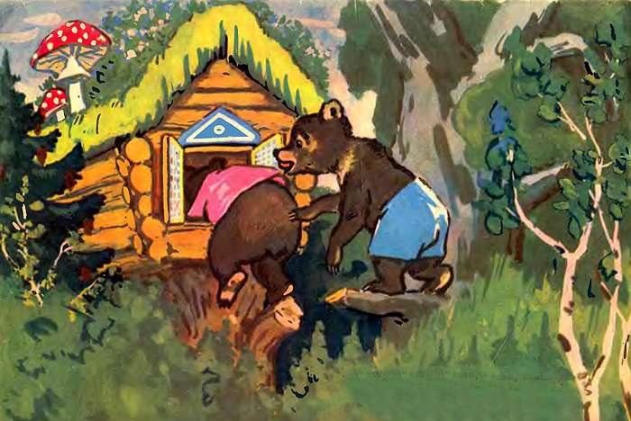 Медвежата лезут к пчелам в дом, рисунок иллюстрация