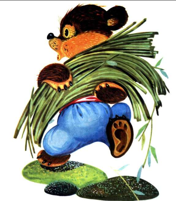 Мишка несет траву, рисунок иллюстрация
