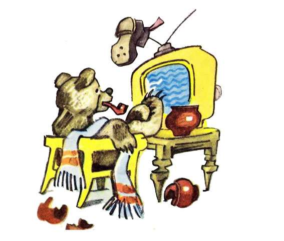 Медведь смотрит телевизор, рисунок иллюстрация