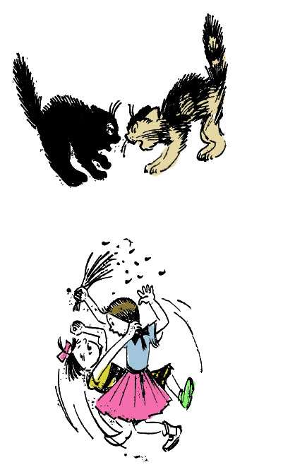 Дерущиеся кошки и девочки, рисунок иллюстрация