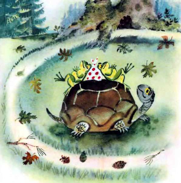 Лягушки едут на черепахе, рисунок иллюстрация