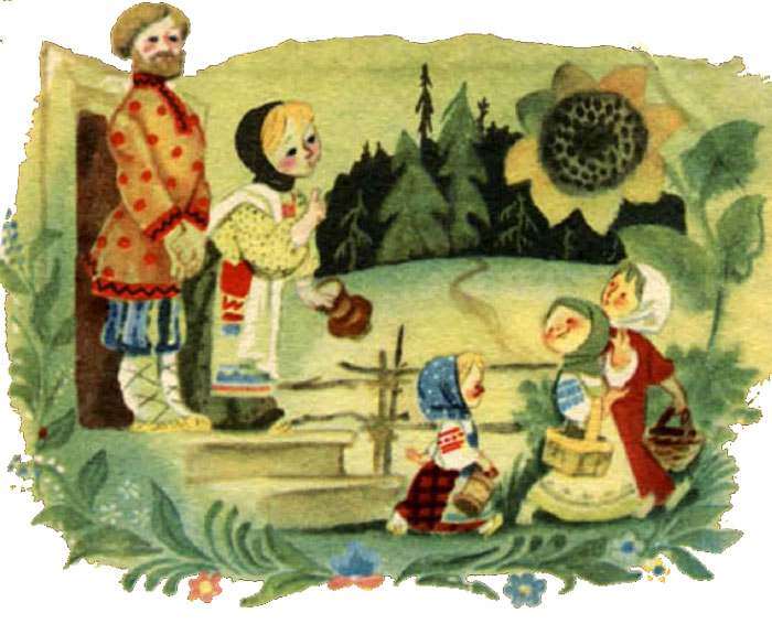 Нюрочка с подружками идет в лес, рисунок иллюстрация