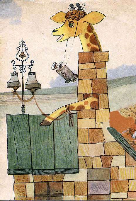 Жираф работает пожарником, рисунок иллюстрация