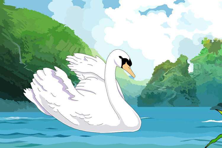 Лебедь на реке, рисунок иллюстрация