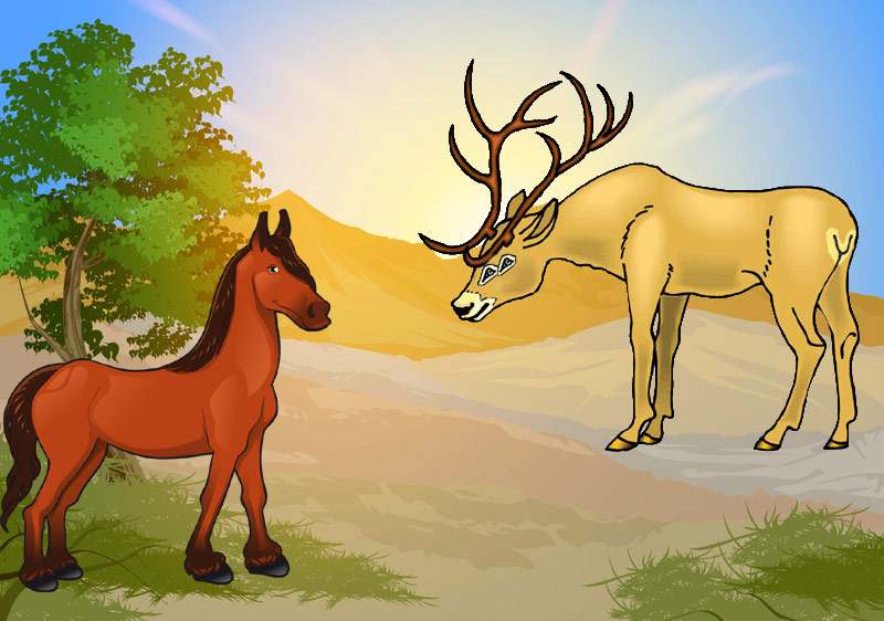 Конь и Изюбр поспорили, рисунок иллюстрация