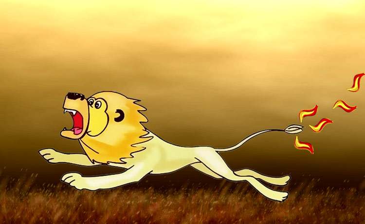 Полуголый лев убегает в жаркие страны, рисунок иллюстрация