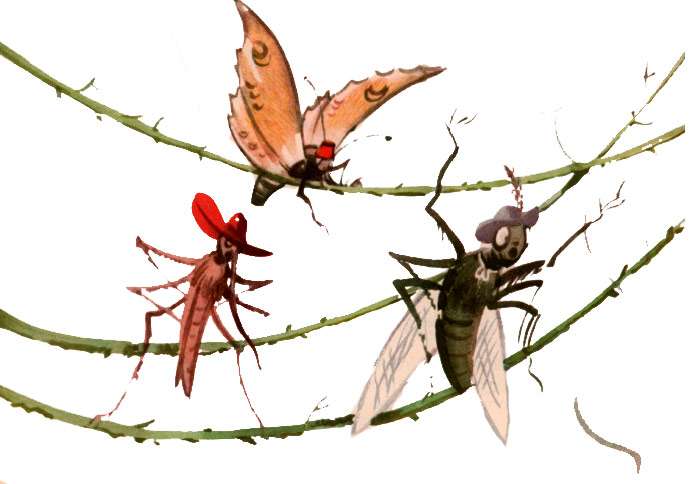 Комар, мотылек и муха слушают рассказ Энэнзи, рисунок иллюстрация