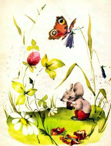 Мышонок ест конфеты спрятавшись в траве, рисунок иллюстрация
