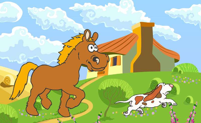 Наглая собачка убегает от рассерженной лошади, рисунок иллюстрация