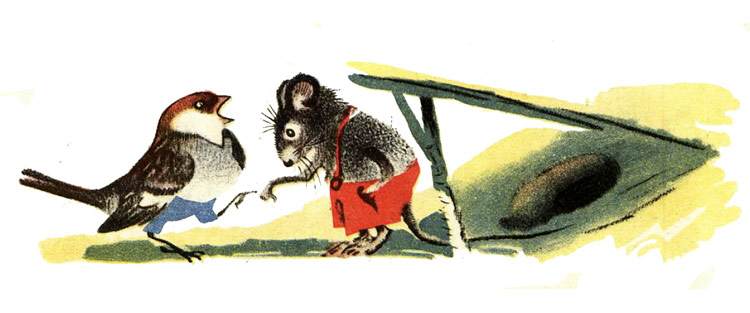 Вор-воробей разговаривает с мышкой-воришкой, рисунок иллюстрация