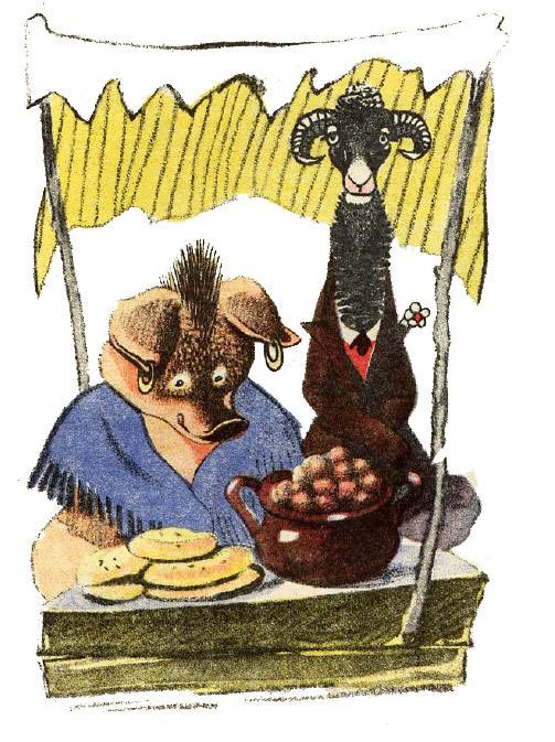 Свинья и баран сидят на рынке, рисунок иллюстрация